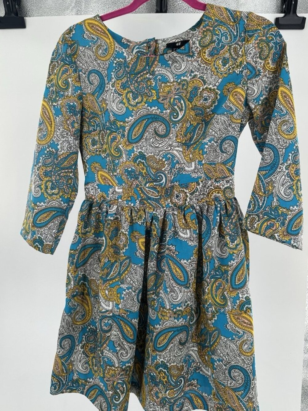 H&M Silky Turquoise Paisley Mini Dress 3/4 Sleeves Fit Flare Exposed Zipper Sz 6